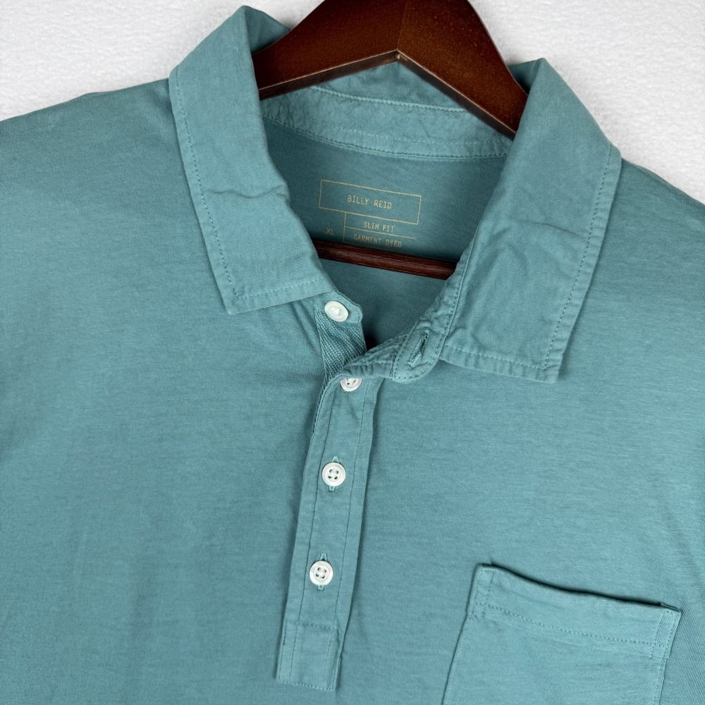 Billy Reid Polo Shirt Mens XL Teal Blue Slim Fit Garment Dyed Cotton Pocket